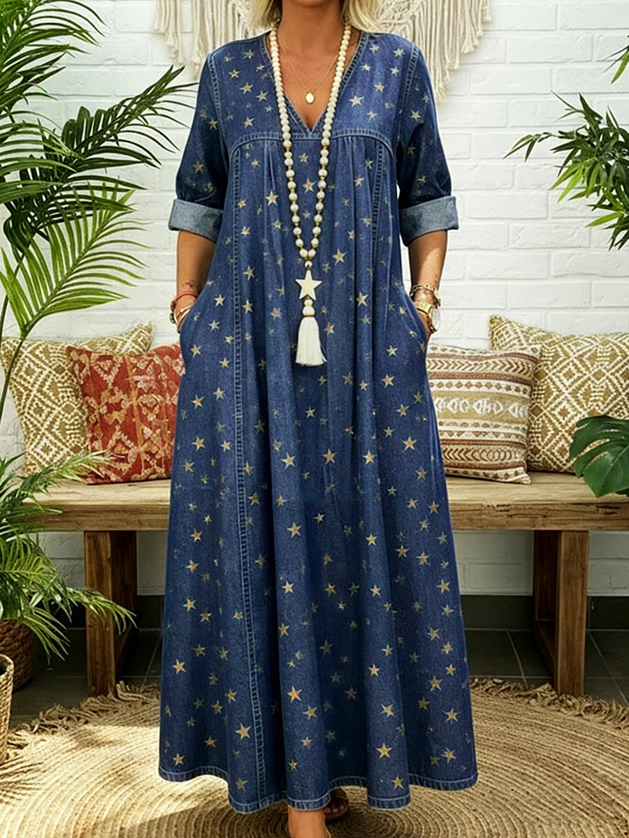 A-Line Long Sleeves Pleated Pockets Printed Split-Joint V-Neck Maxi Dresses