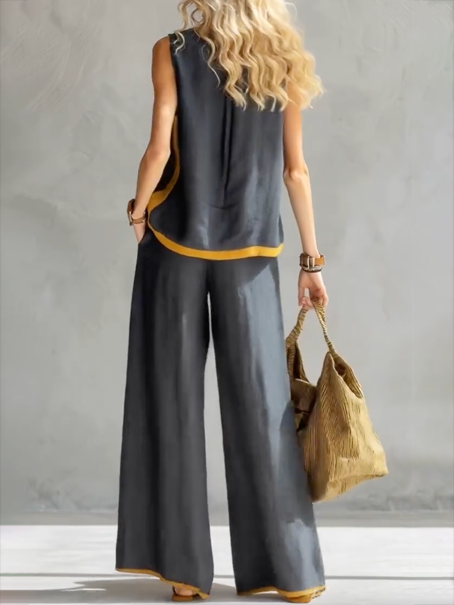 Contrast Color High Waisted Pants + Round-Neck Sleeveless Top Two Pieces Set