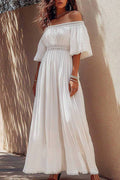 Vacation Casual Linen Dress White Off The Shoulder Embroidered Maxi Dress
