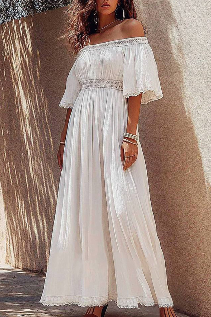 Vacation Casual Linen Dress White Off The Shoulder Embroidered Maxi Dress