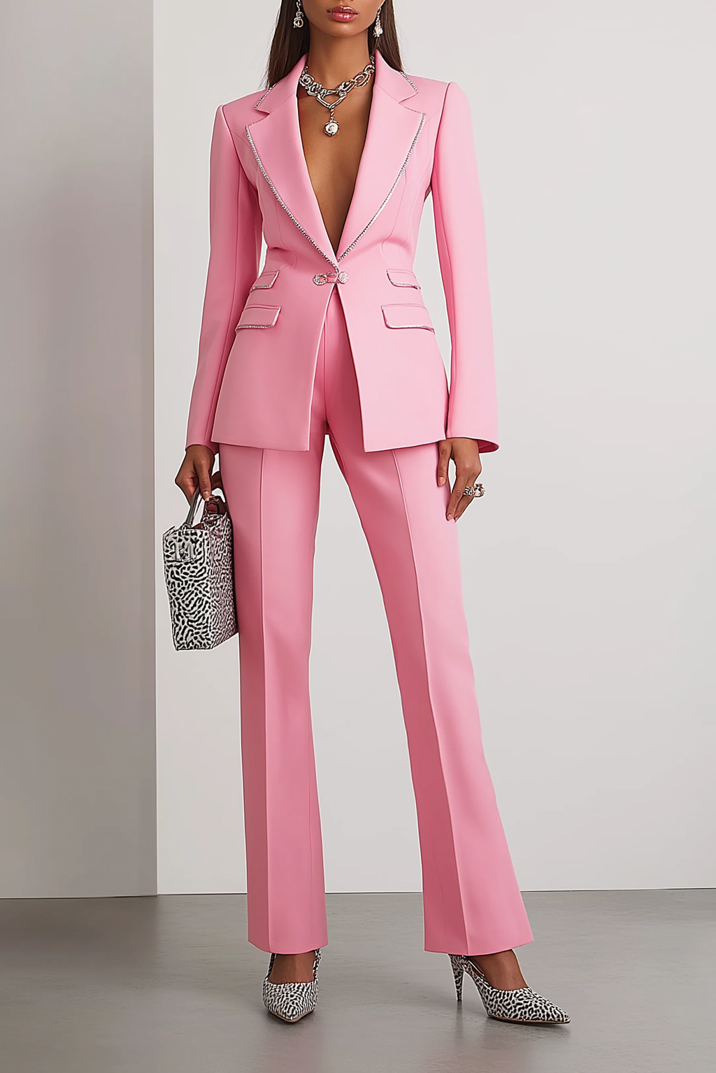 Work Formal Pants Suit Pink Long Sleeve Straight-Leg Blazer Set