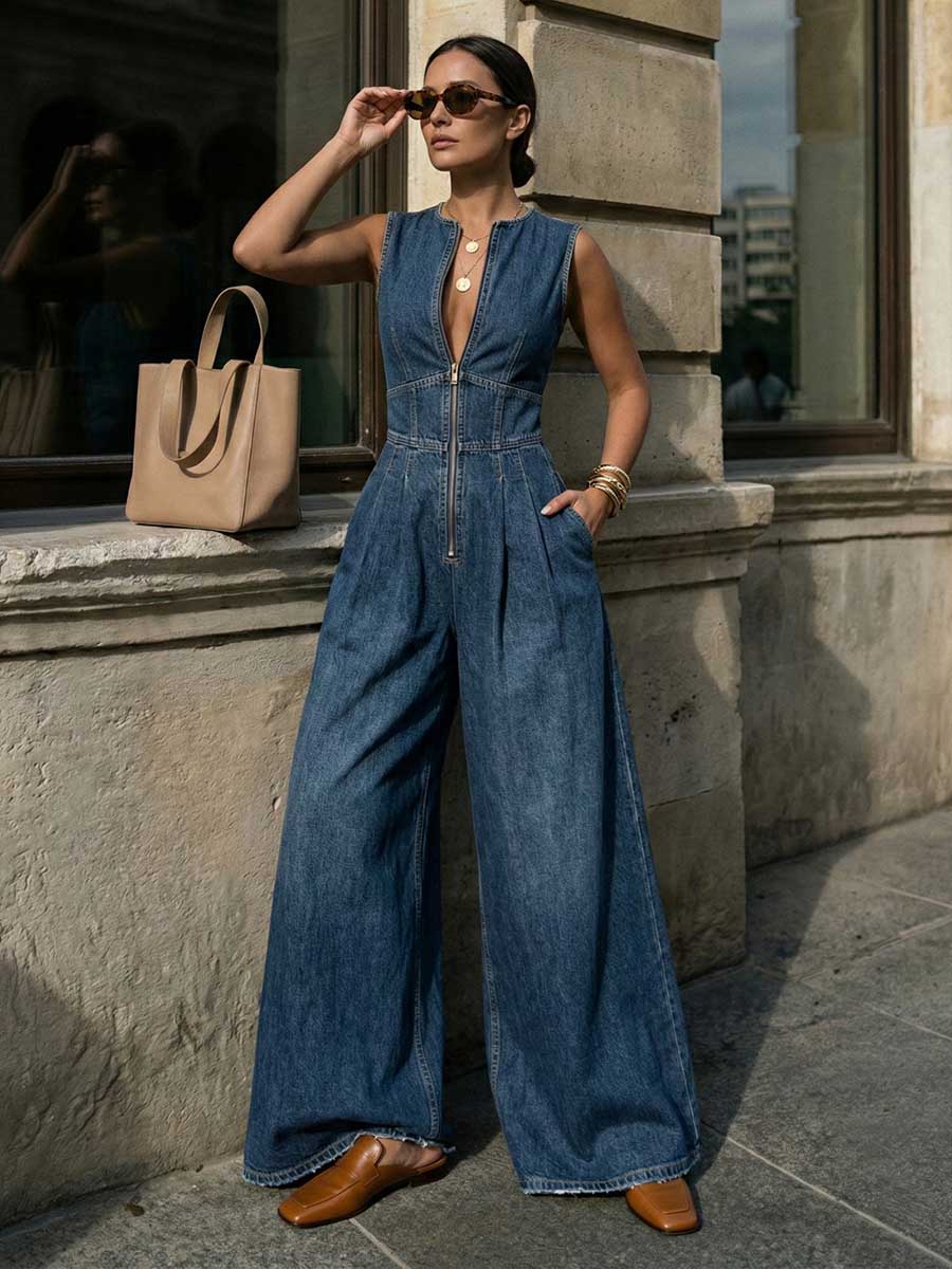 High Waisted Sleeveless Pleated Pockets Solid Color Zipper Round-Neck Jumpsuits