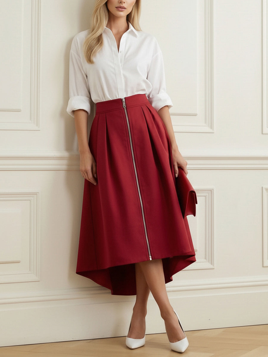 A-Line High-Low Pleated Pockets Solid Color Zipper Skirts Bottoms