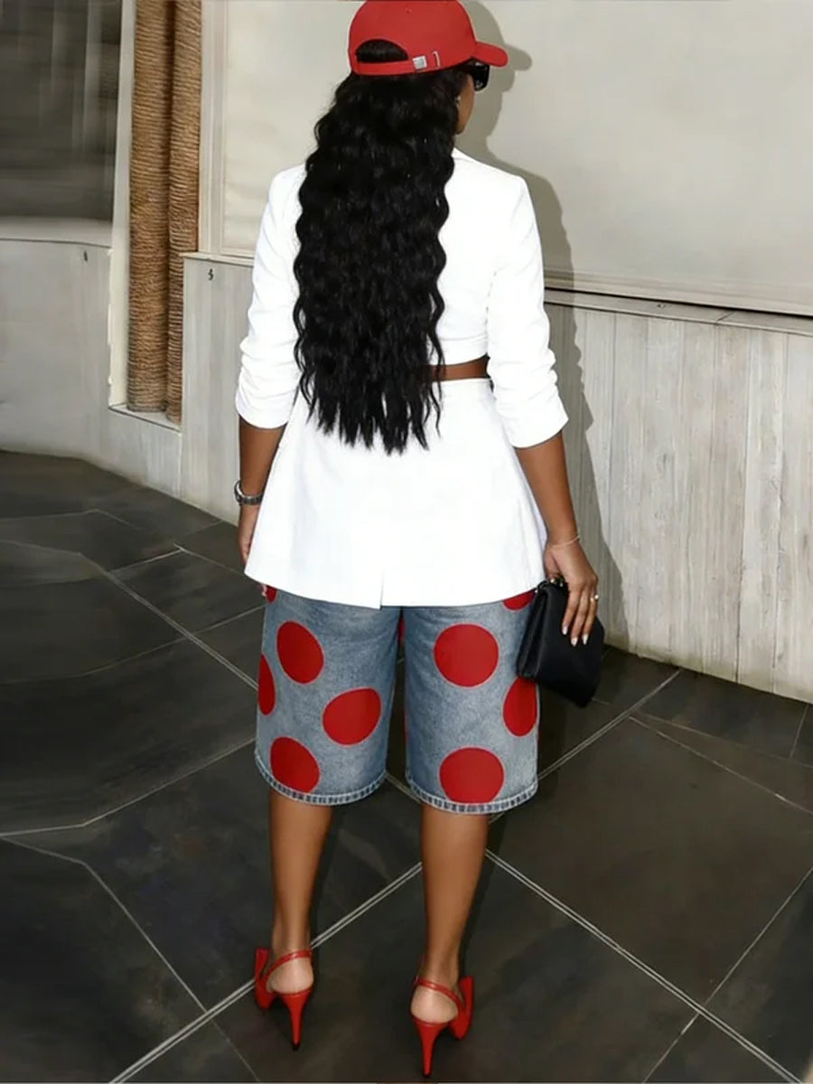 High Waisted Loose Pockets Polka-Dot Denim Shorts