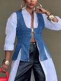 Loose Sleeveless Buckle Solid Color Split-Front U-Neck Vest Outerwear Vest Top