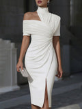 Bodycon Short Sleeves Hollow Pleated Solid Color Split-Front Cold Shoulder Midi Dresses