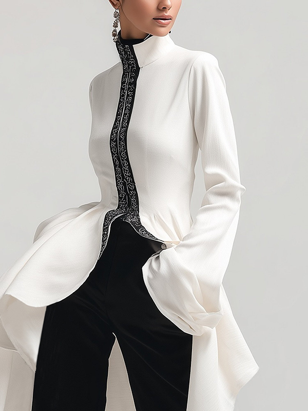 Flared Sleeves High-Low Falbala Stand Collar Blouses&Shirts Tops