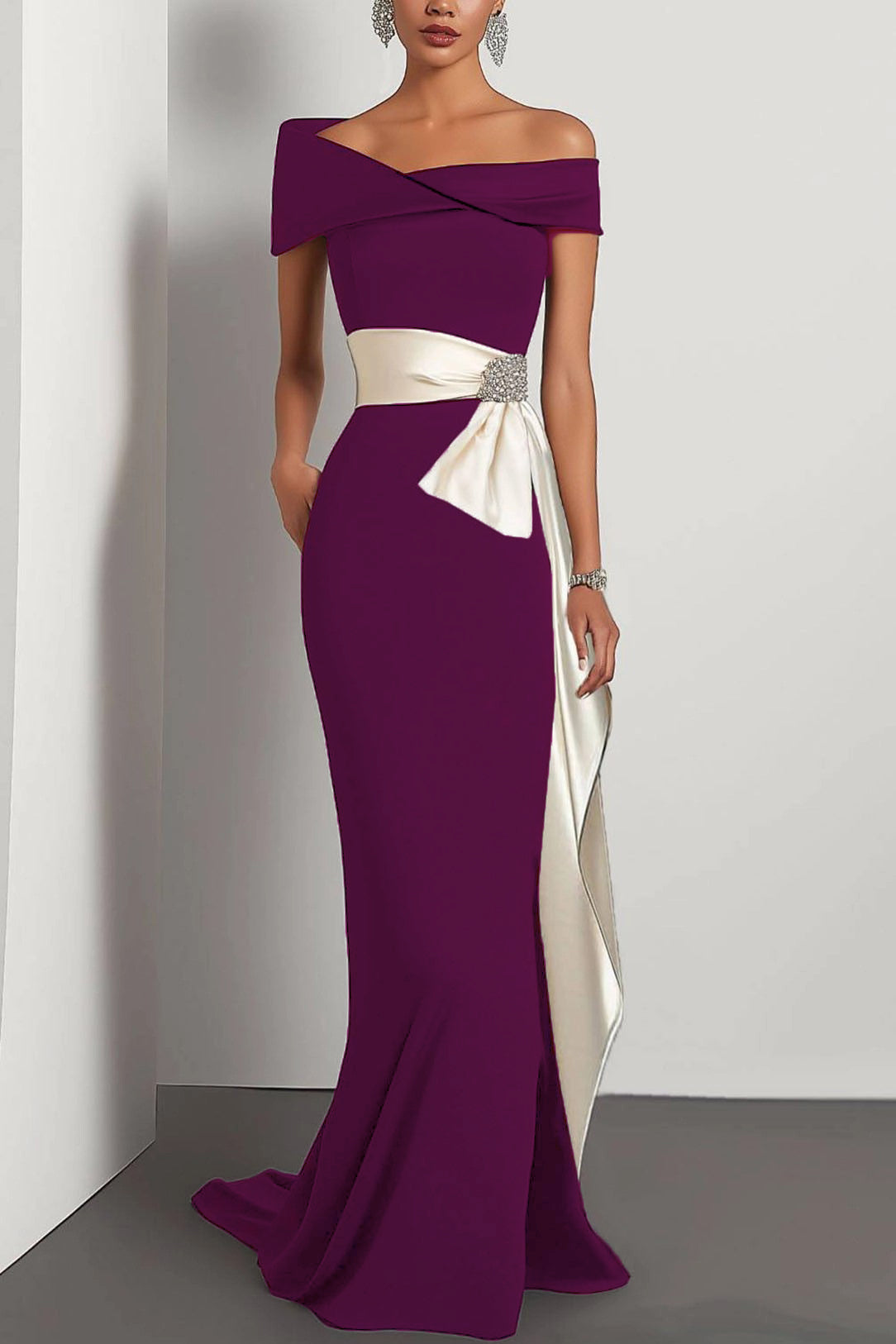 Elegant Evening Dress Black Off-The-Shoulder White Waistband Maxi Dress