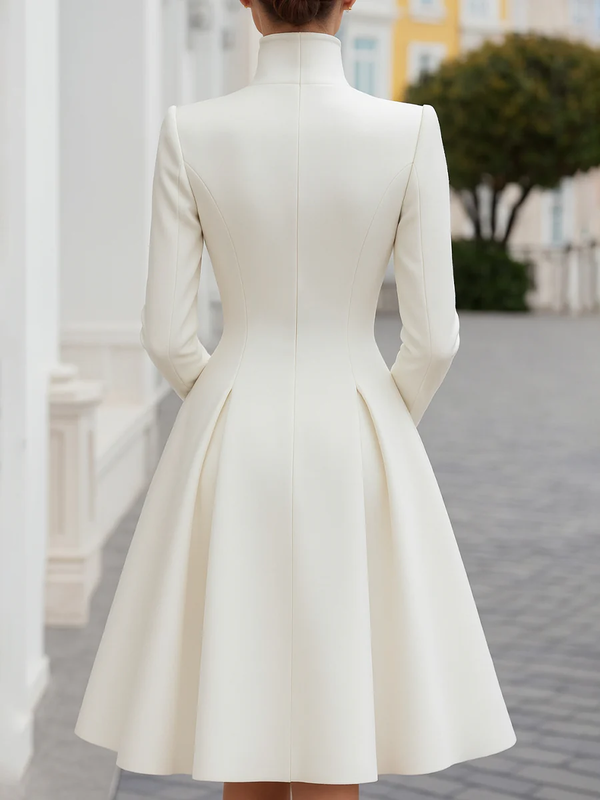 A-Line High Waisted Buttoned Pleated Pockets Solid Color Stand Collar Midi Dresses Overcoat