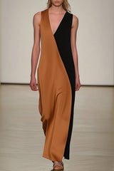 Vacation Daily Minimalist Dress Color-Block V-Neck Long Dress