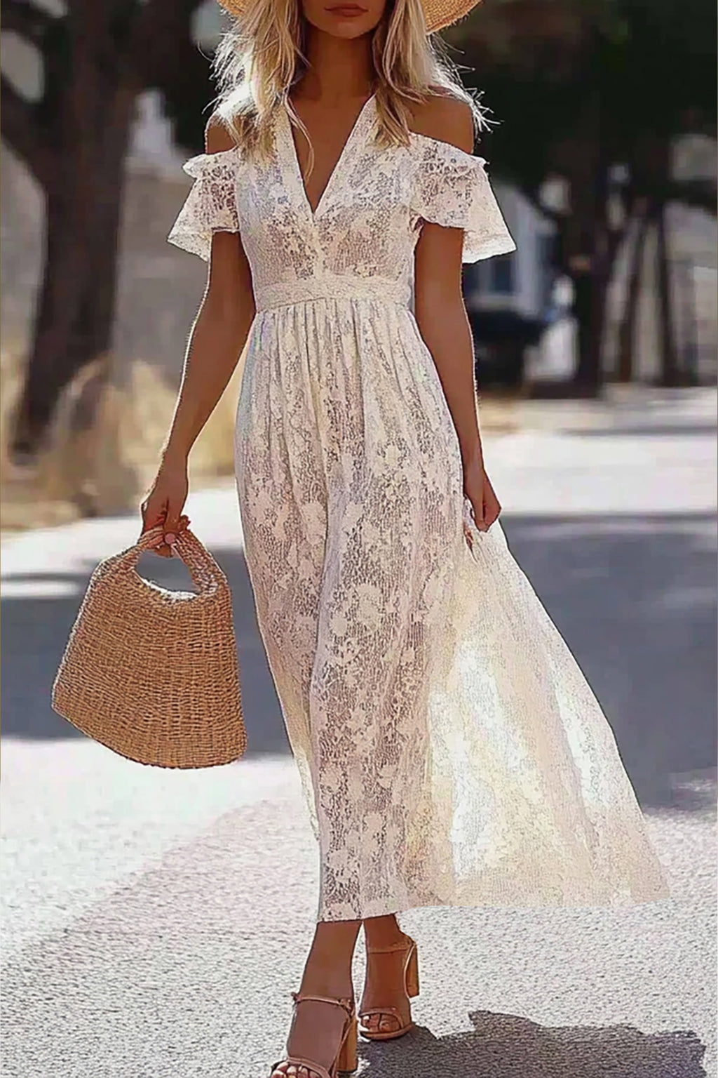 Bohemian Vacation Dress White Lace V-Neck Off-The-Shoulder Maxi Dress