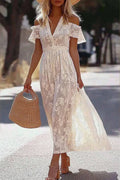 Bohemian Vacation Dress White Lace V-Neck Off-The-Shoulder Maxi Dress