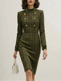 High Waisted Long Sleeves Buttoned Solid Color Split-Joint Zipper Mock Neck Midi Dresses