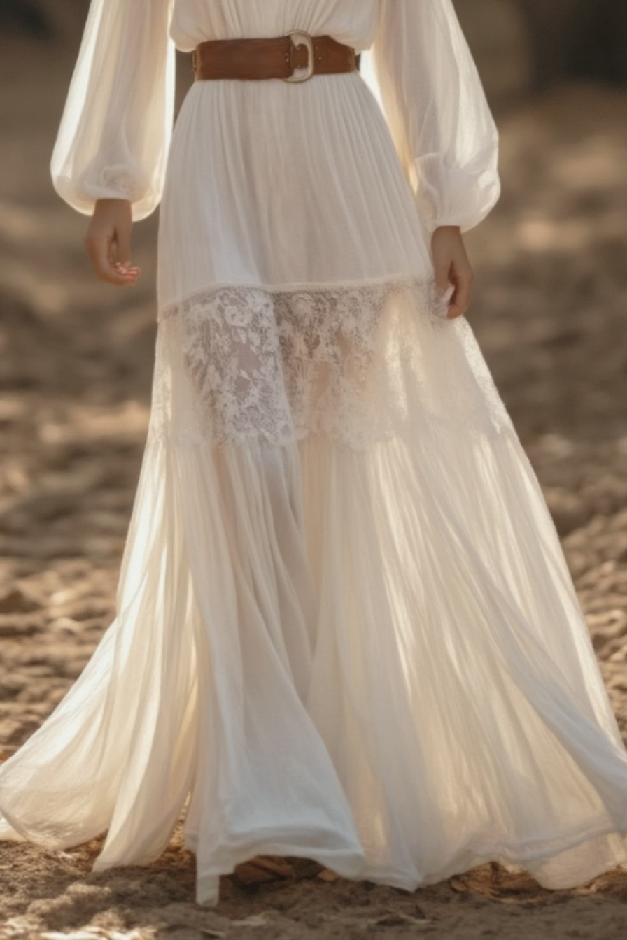 Bohemian Swing Lace Dress White V Neck Belted Maxi Dress