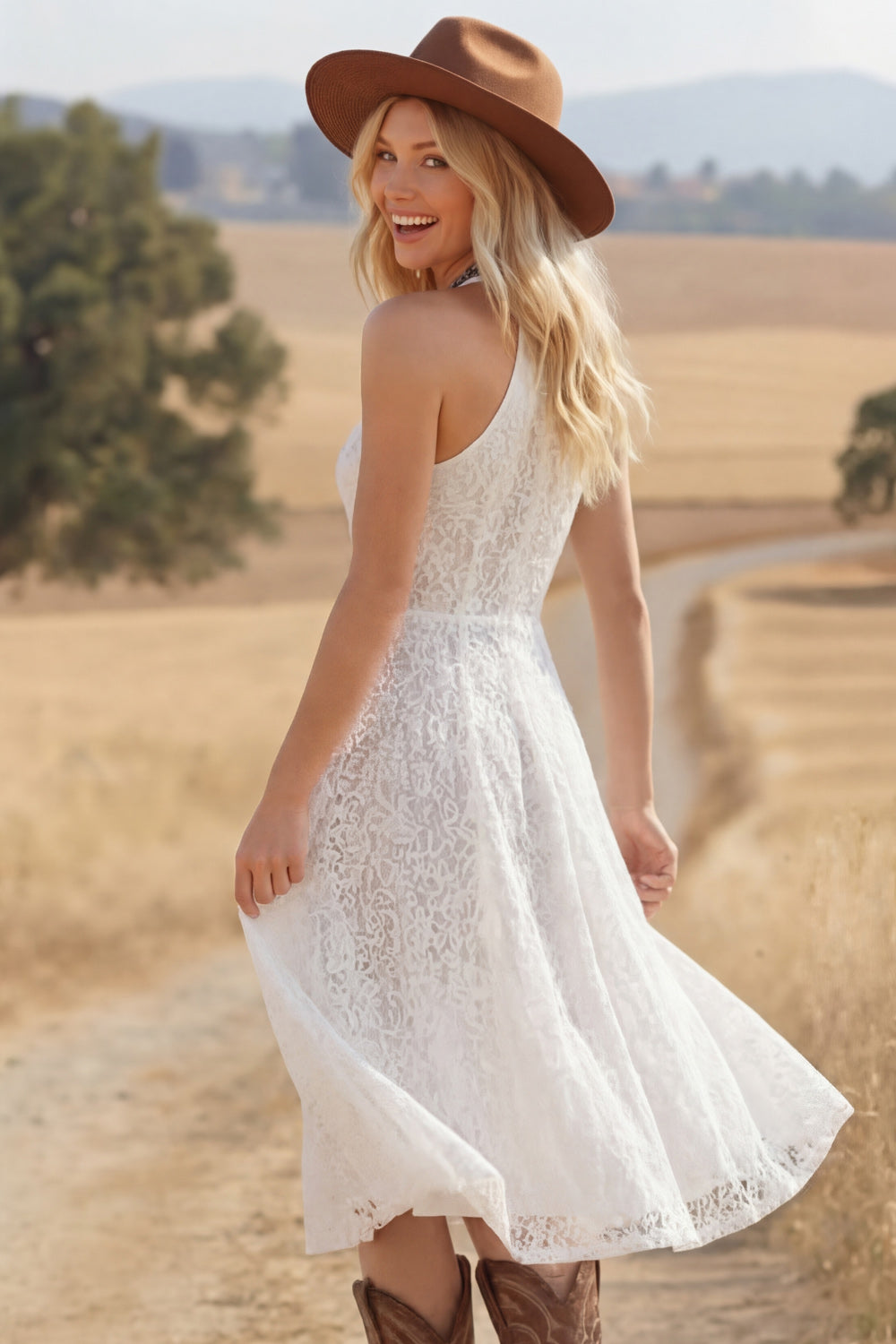 White Bohemian Dress A-Line Halter Lace Midi Dress