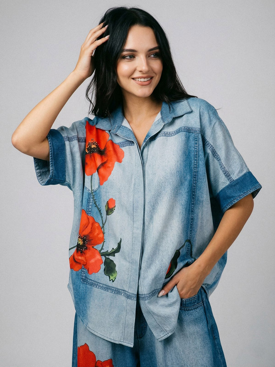 Loose Short Sleeves Buttoned Contrast Color Flower Print Lapel Blouses&Shirts Tops