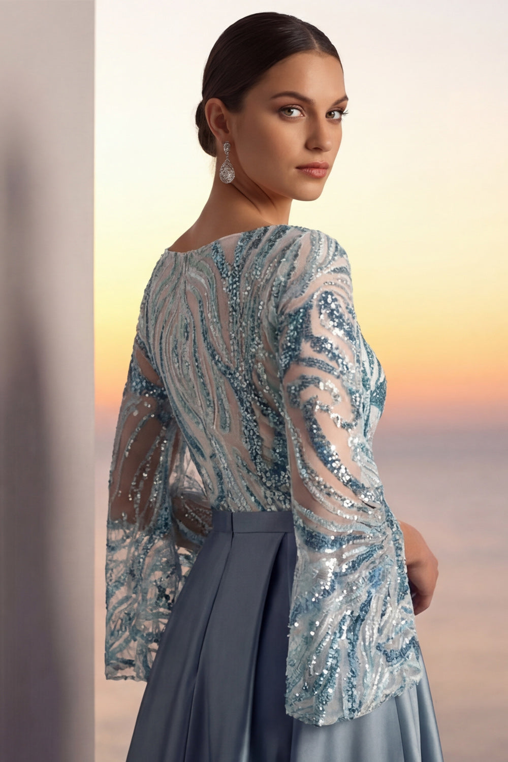 Dusty Blue Wedding Guest Dress A-Line Crew Neck Sequin Maxi Dress