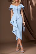 Semi-Formal Party Dress Blue V Neck Ruffle Midi Dress