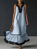 A-Line Loose Contrast Color Pleated Ruffle Trim Split-Joint V-Neck Maxi Dresses