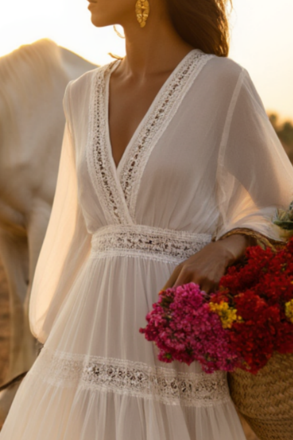 Bohemian Holiday Swing Dress White Long Sleeve Maxi Dress