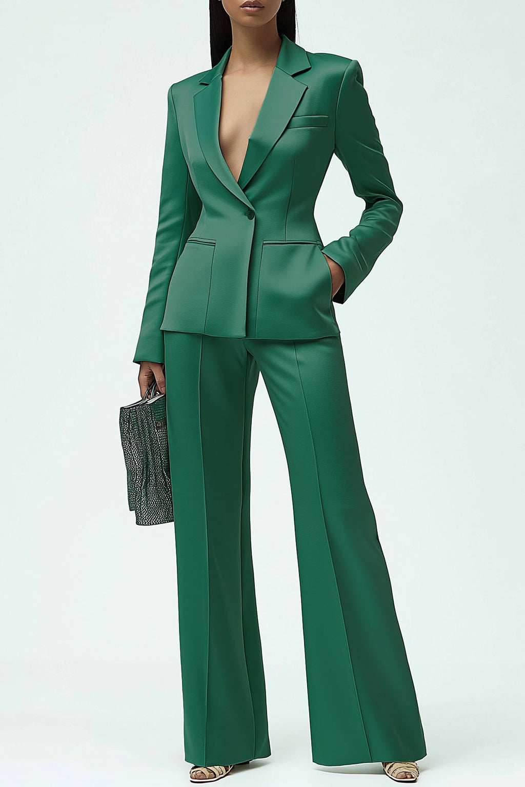 Work Formal Pants Suit Green Long Sleeve Pockets Blazer Set