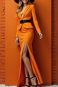 Formal Dress Blazer Suit Orange Long Sleeve Skirt Set