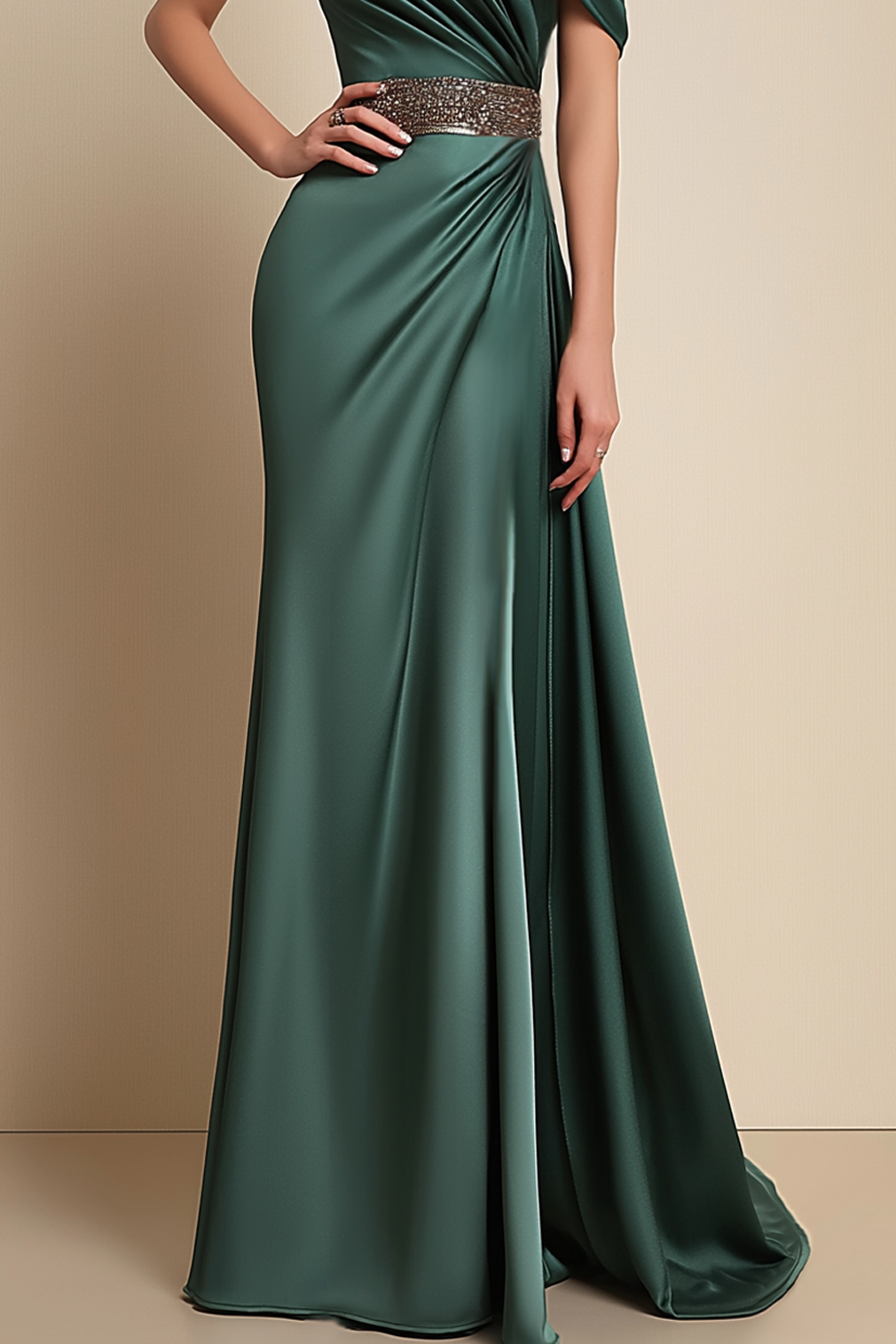 Formal Dress Green One-Shoulder Rhinestone Waist Belt Maxi Dress