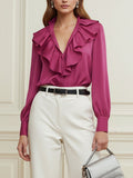 Long Sleeves Loose Ruffle Trim Solid Color V-Neck Blouses&Shirts Tops