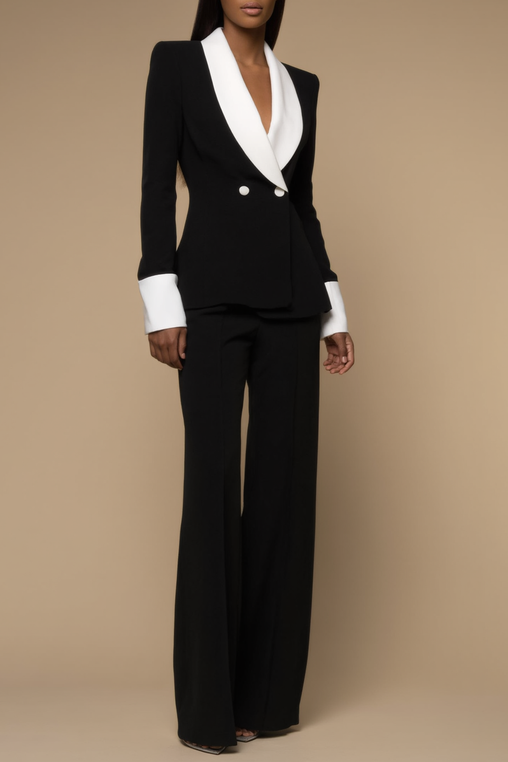 Work Formal Pants Suit Black White Lapel Straight-Leg Blazer Set