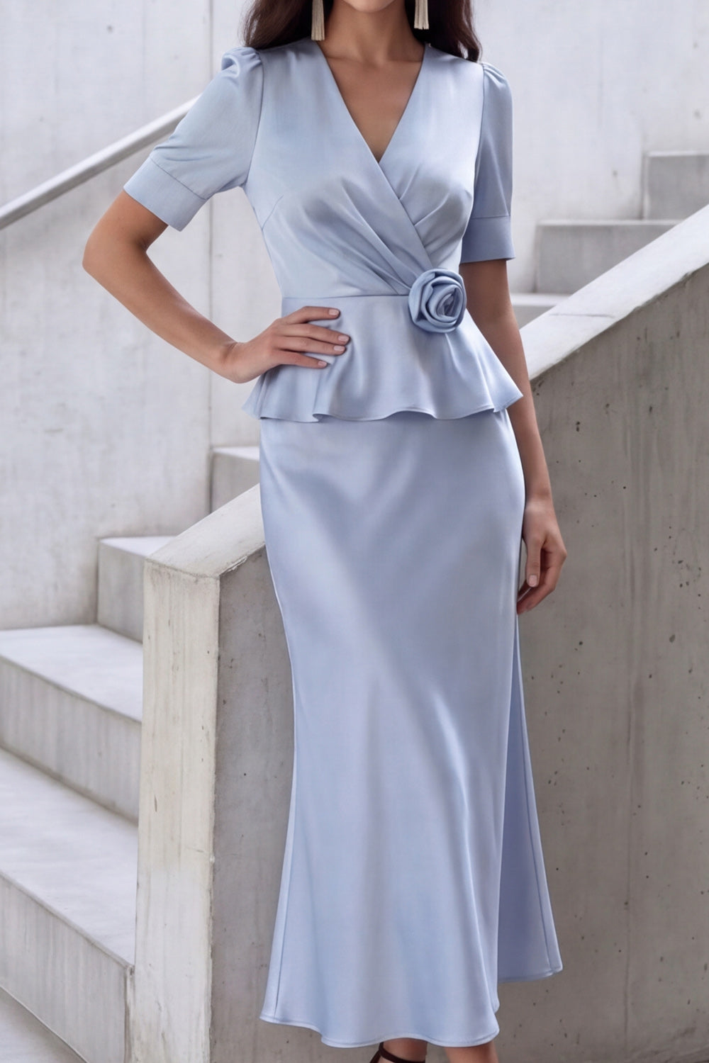 Light Blue Suit Sets V-Neck Mermaid Satin Midi Skirts Set