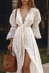 Vacation Casual Dress White Lace Deep V High Slit Maxi Dress