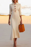 Work Semi-Formal Dress White Collared Mermaid Midi Dress