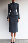 Work Suit Set Gray Stand Collar Tweed Long Sleeve Midi Skirt