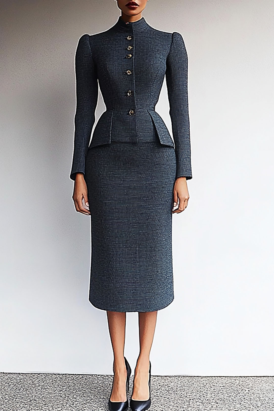 Work Suit Set Gray Stand Collar Tweed Long Sleeve Midi Skirt
