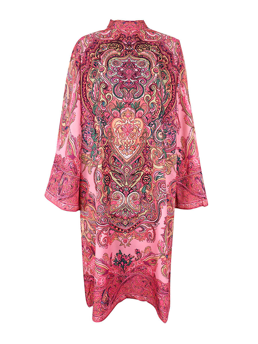 Long Sleeves Loose Contrast Color Printed Mock Neck Midi Dresses