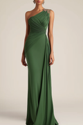 Fall Wedding Guest Dress Green One-Shoulder Ruched Maxi Dress