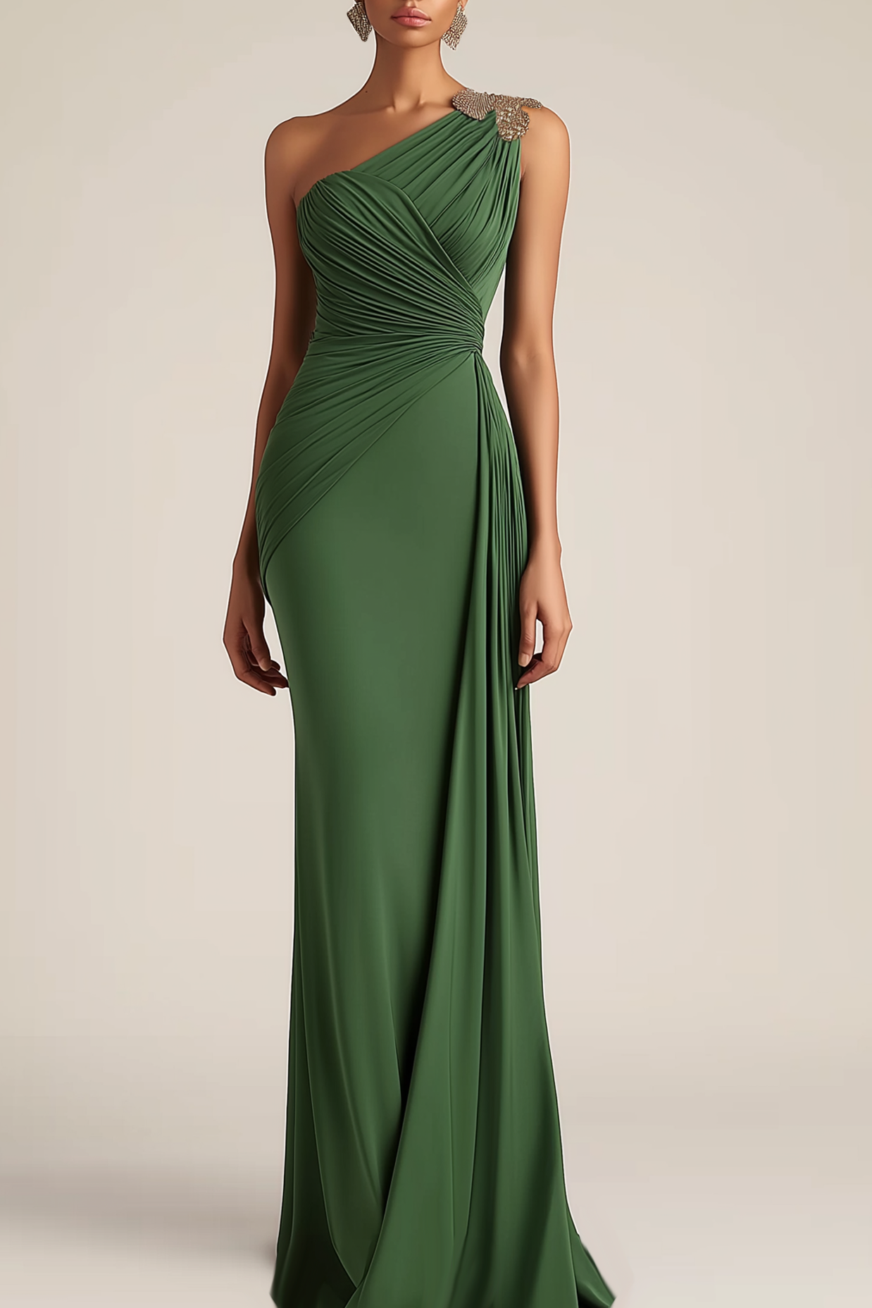 Fall Wedding Guest Dress Green One-Shoulder Ruched Maxi Dress
