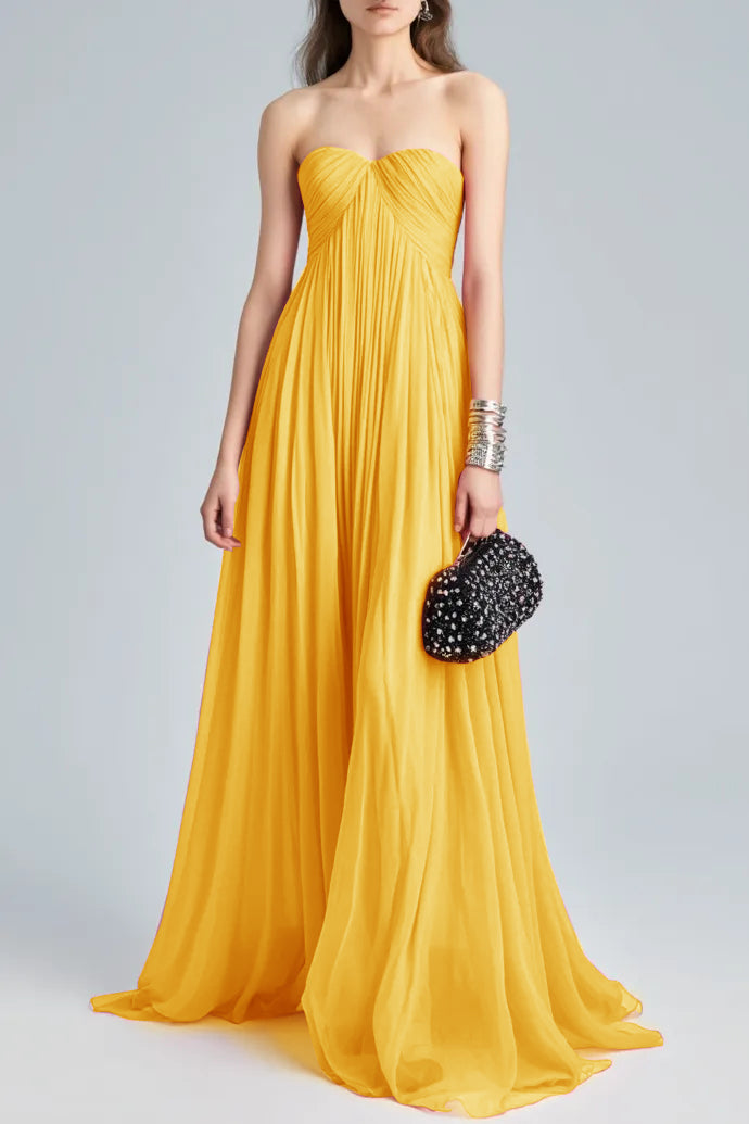 Holiday Evening Dress Pink Strapless Ruched Floor Chiffon Dress