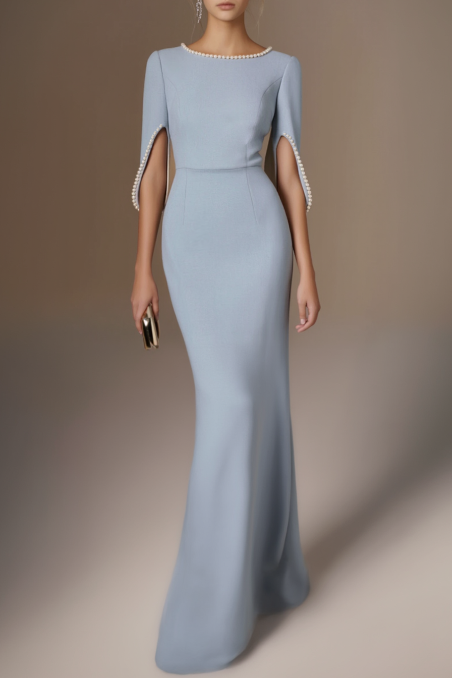 Formal Dress Blue with Pearls Maxi Mother of the Bride Dress