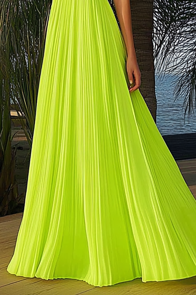 Vacation Halter Dress Neon Green Pleated Maxi Dress