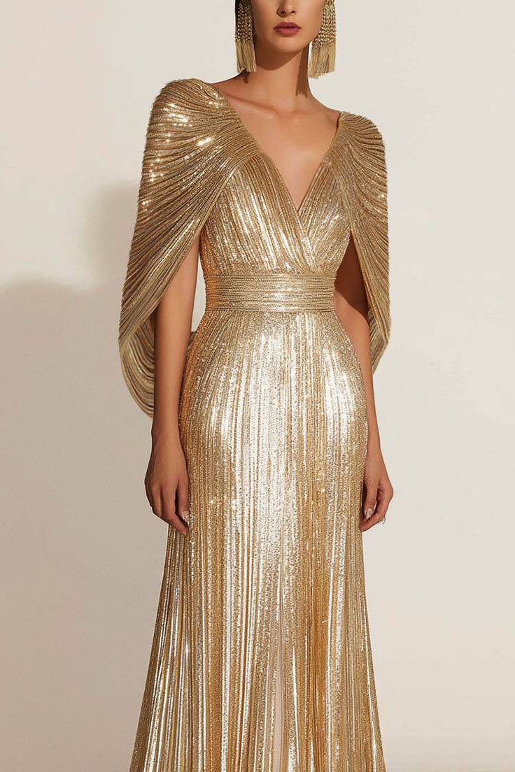 Formal Evening Fringe Dress Gold Sequin V Neck Cape Maxi Gown