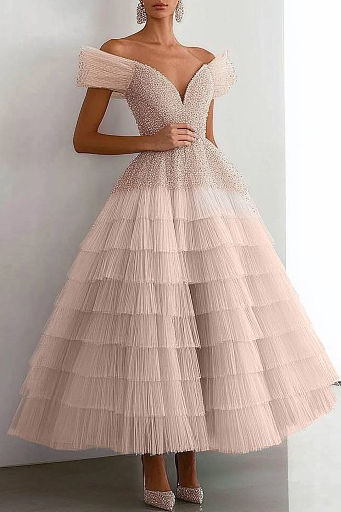 Evening Prom Tiered Dress Off-The-Shoulder Rhinestone Ruffled Graduation Dress