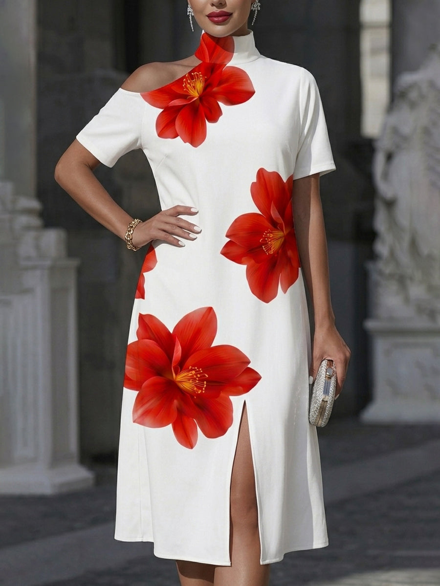 Loose Short Sleeves Asymmetric Flower Print Split-Front High Neck Midi Dresses
