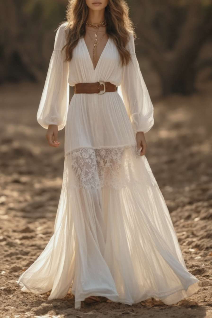 Bohemian Swing Lace Dress White V Neck Belted Maxi Dress