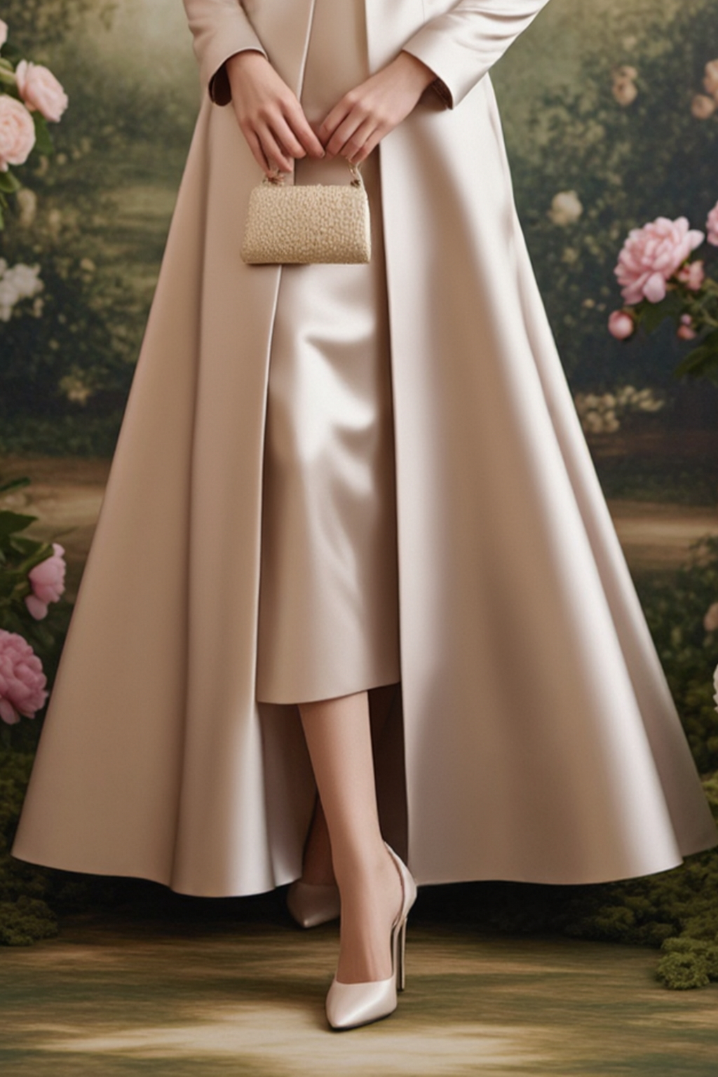 Champagne Formal Set Midi Dress & Maxi Coat with Pearl Belt