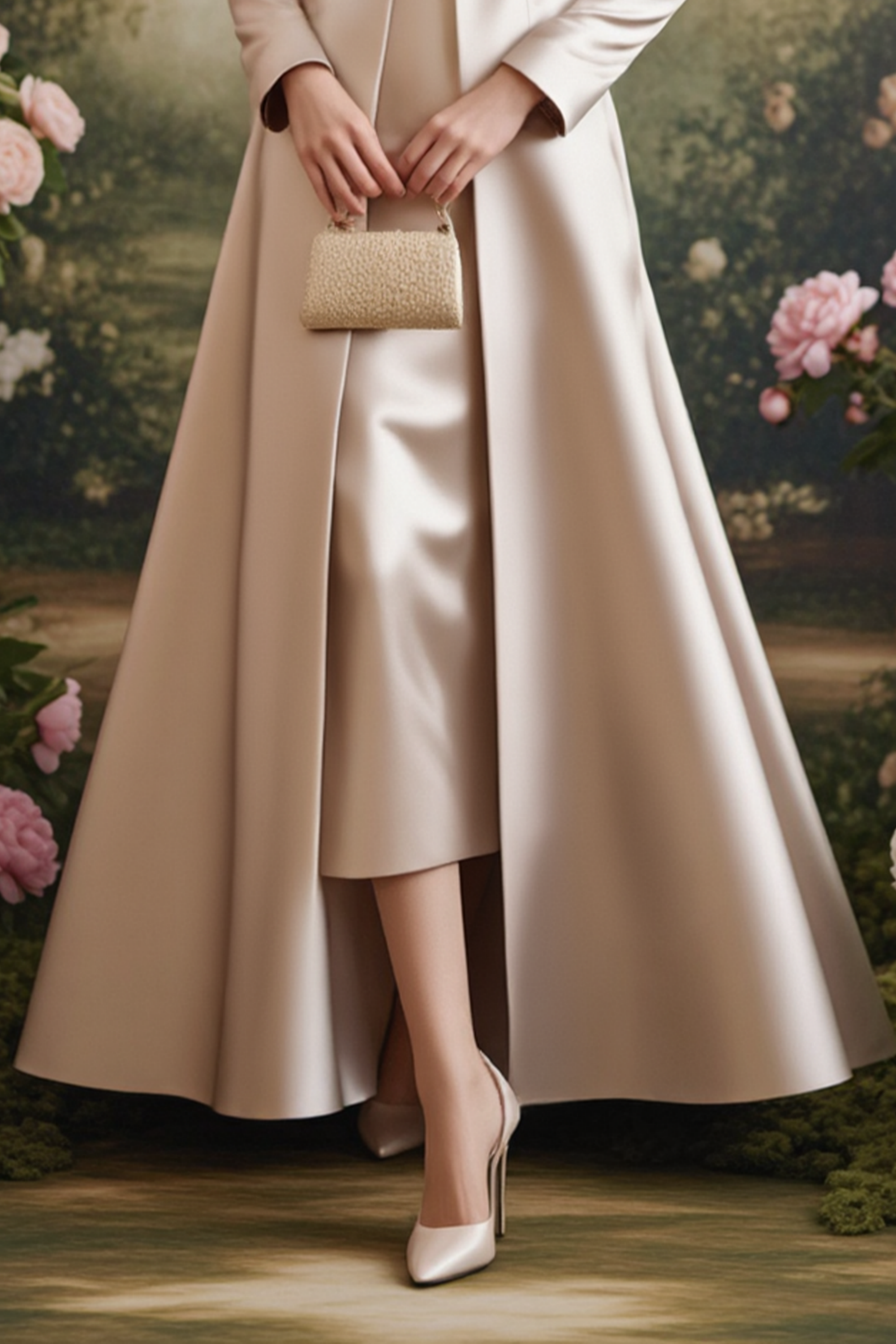 Champagne Formal Set Midi Dress & Maxi Coat with Pearl Belt