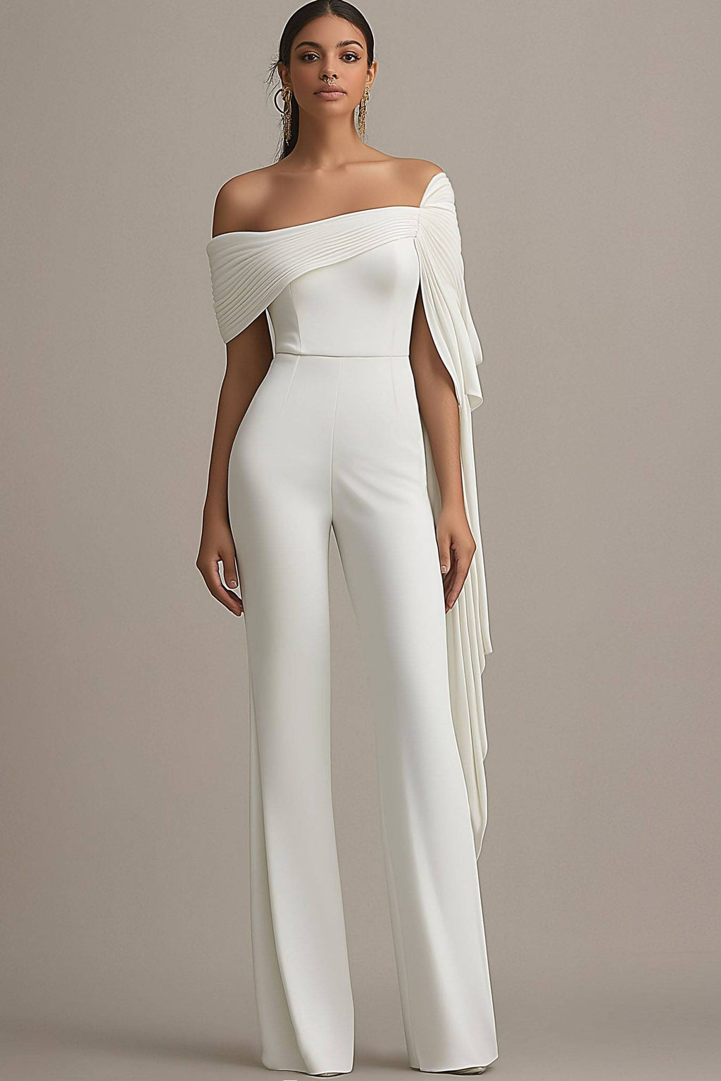 Formal Off-The-Shoulder White Draped Wide-Leg Jumpsuit