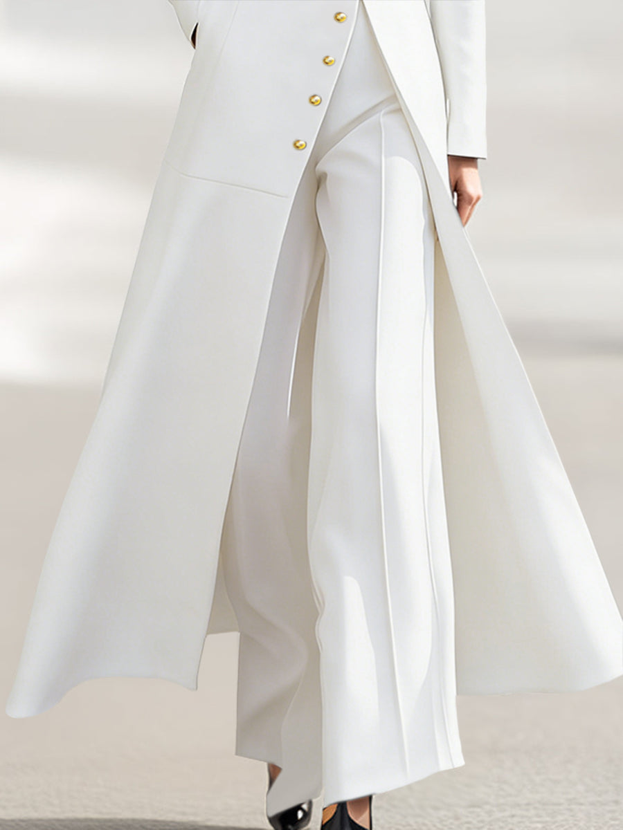 High Waisted Long Sleeves Buttoned Solid Color Split-Front Round-Neck Midi Dresses