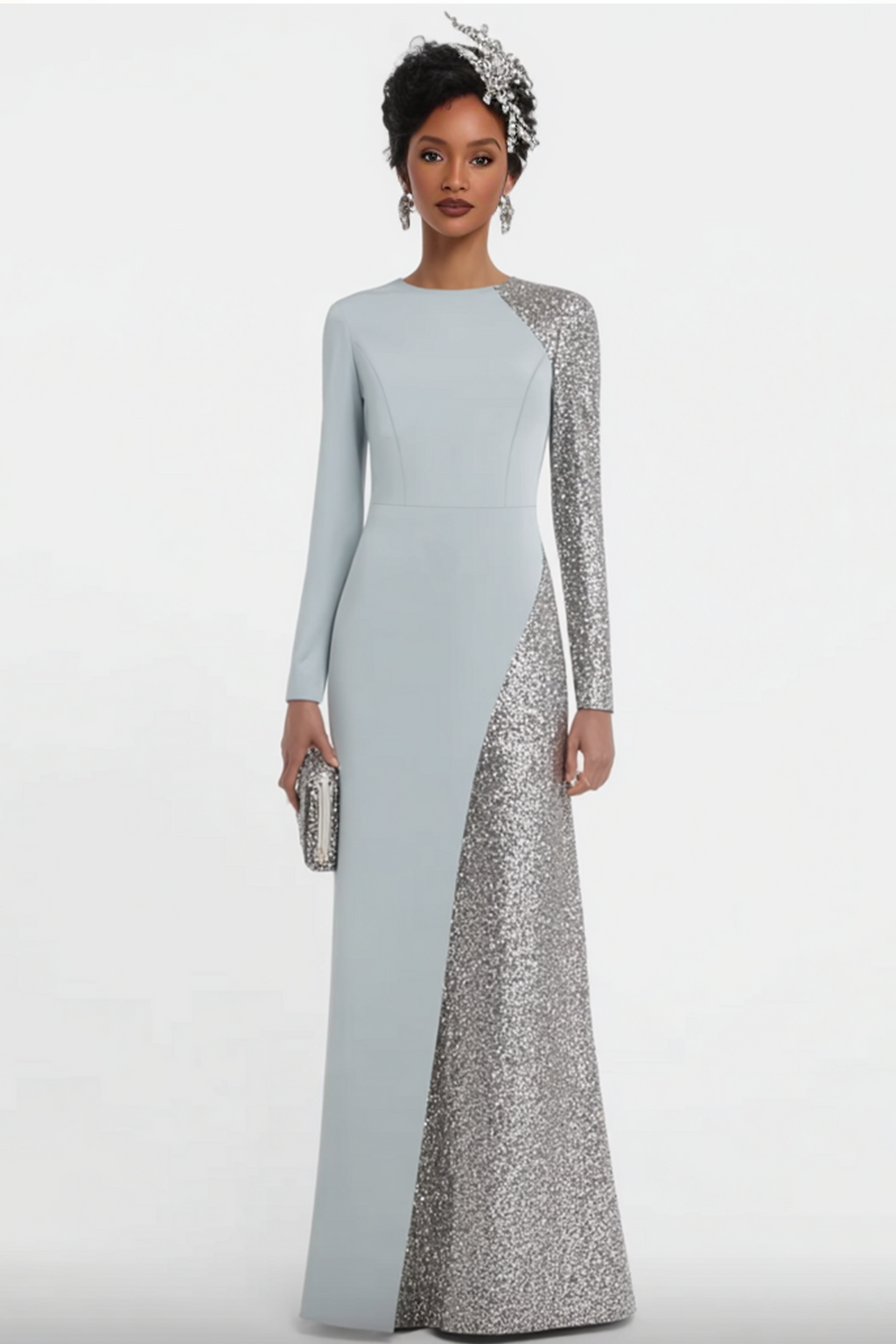 Formal Dress Blue Crew Neck Sequin Maxi Mother of the Bride Dress