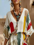 Loose Puff Sleeves Contrast Color Pleated V-Neck Blouses&Shirts Tops